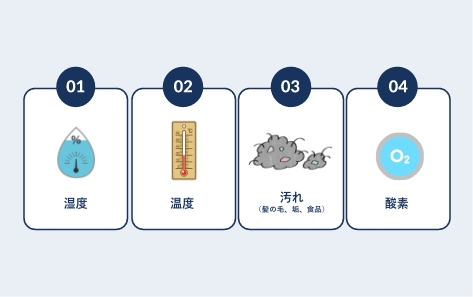 カビの原因である「湿度_・温度・汚れ・酸素」の要素を徹底解説。
